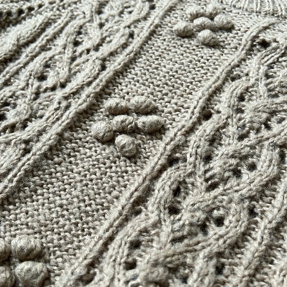 J CREW Cabled Aran Neutral Sweater Bobbles Alpaca Wool Blend Cozy Popcorn Soft S